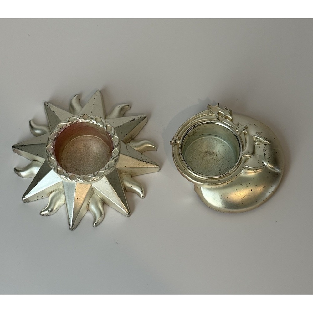 Sun & Moon Metal Tea Light Candle Holders Set Celestial Silver Tone